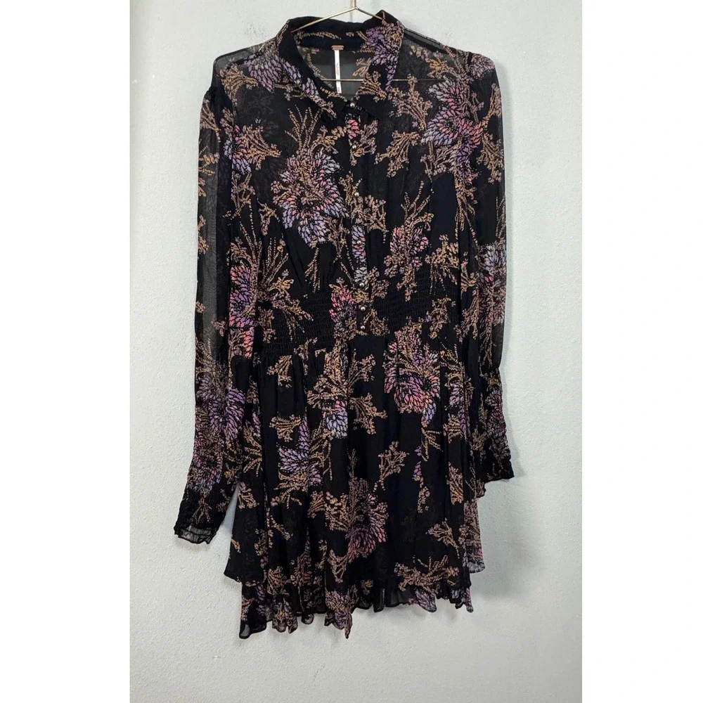 Free People Fake Pretend Black Floral Print Long Sleeve Mini Dress Smocked Waist